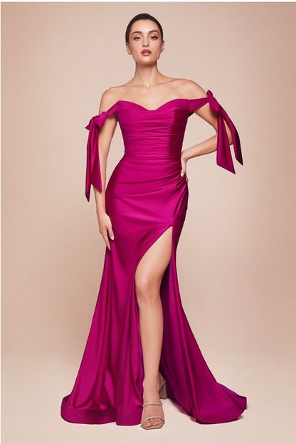 Satin Sash Purple Off Shoulder High Split Maxi Gown