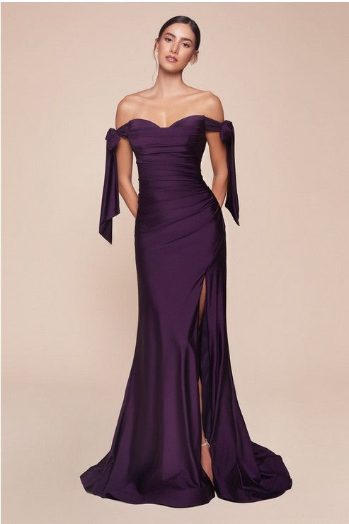 Satin Sash Purple Off Shoulder High Split Maxi Gown