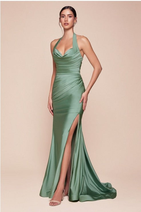 Draped Halter Olive Green HIgh Split Satin Gown