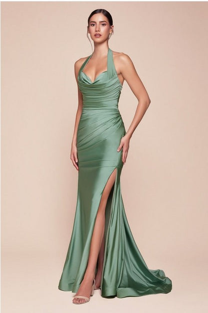 Draped Halter Olive Green HIgh Split Satin Gown