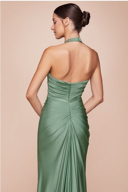 Draped Halter Olive Green HIgh Split Satin Gown