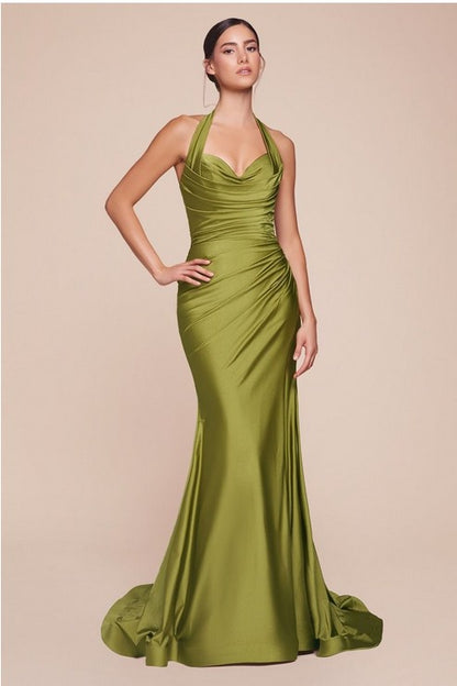 Draped Halter Olive Green HIgh Split Satin Gown