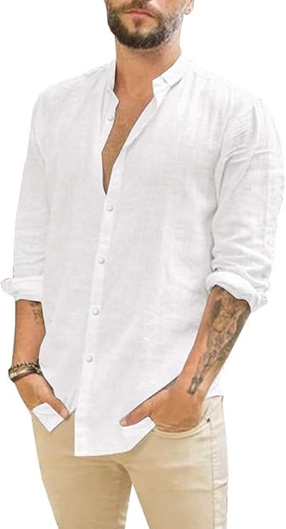 Men's Casual White Linen Long Sleeve Shirt