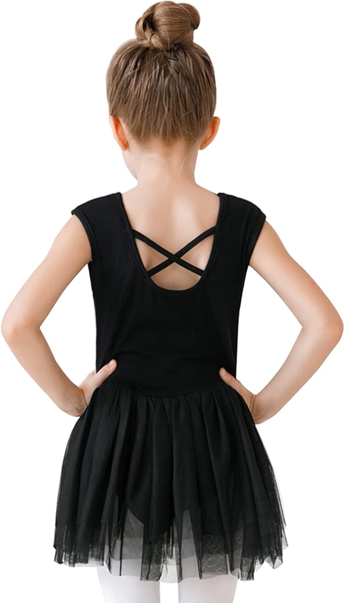 Girl's Puff Clear Sleeve Black Leotard Dress