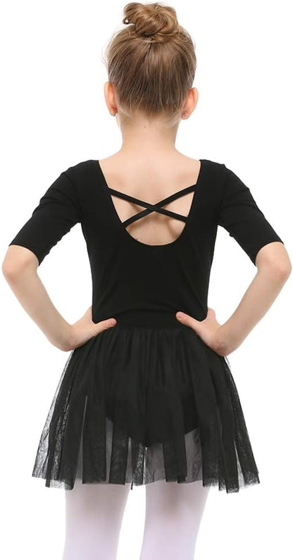 Girl's Puff Clear Sleeve Black Leotard Dress