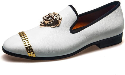 Men's Luxury Black Gold Emblem Loafer Dress Shoes