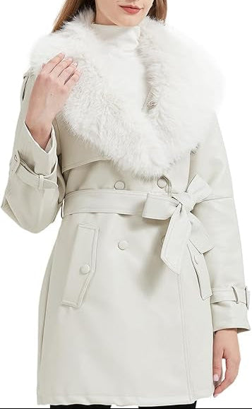 Faux Fur White Leather Trench Coat