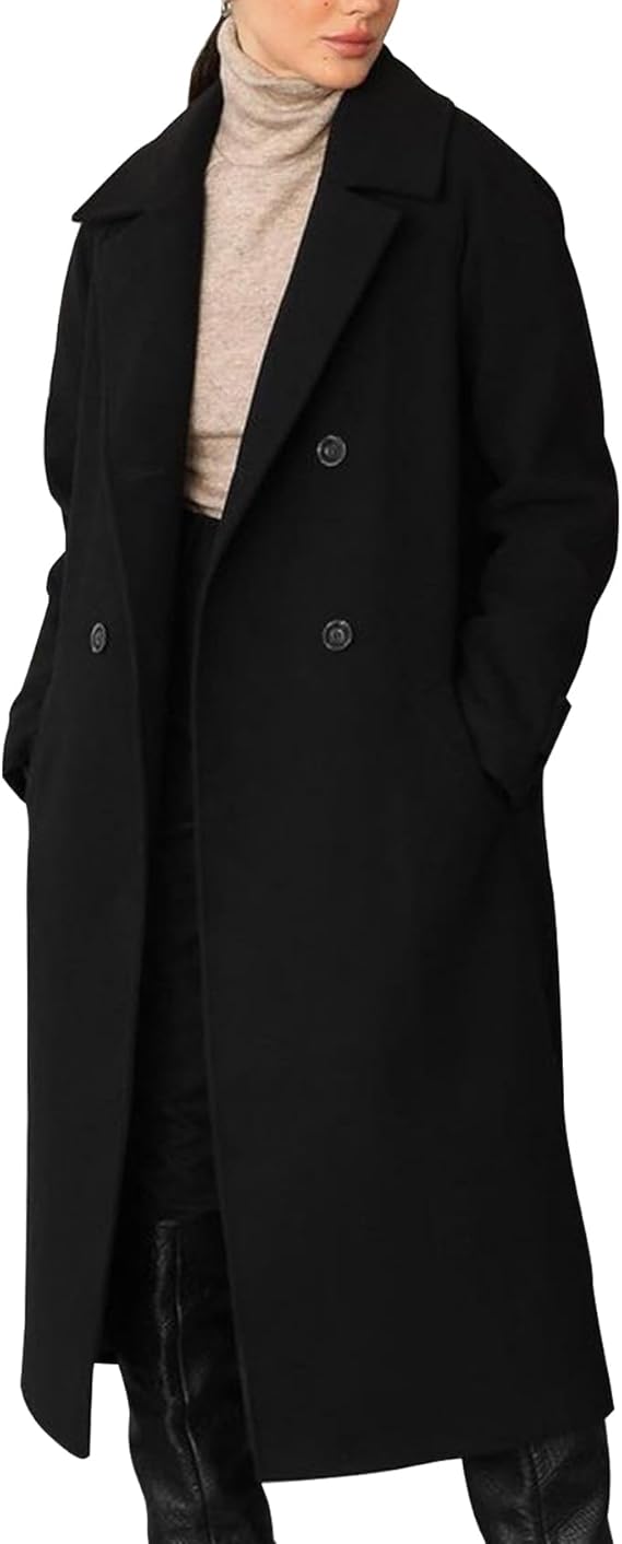 Womens Black Long Double Breasted Trench Coat