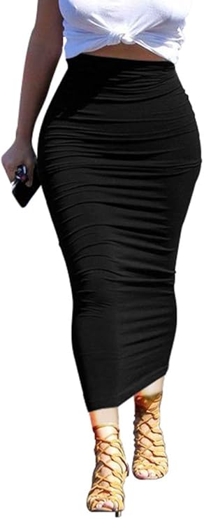 High Waist Black Stretch Ruched Midi Skirt