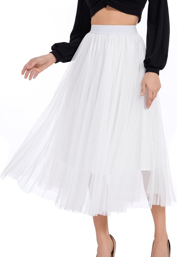 Elegant Light Rainbow Tulle Stretch Midi Skirt