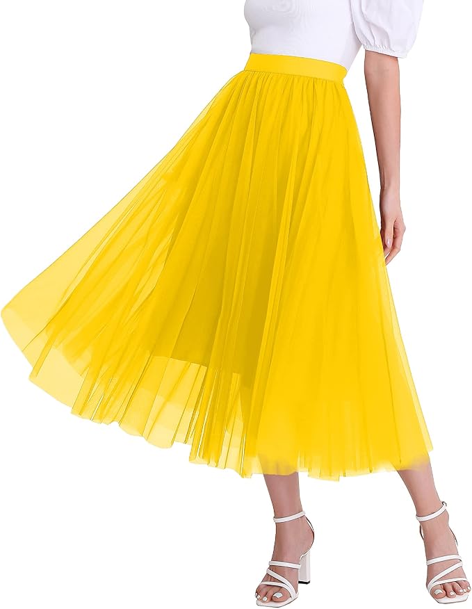 Elegant Light Rainbow Tulle Stretch Midi Skirt