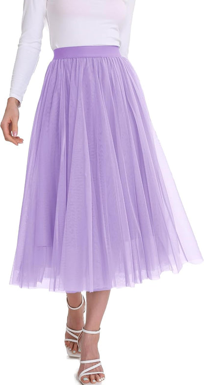 Elegant Light Rainbow Tulle Stretch Midi Skirt