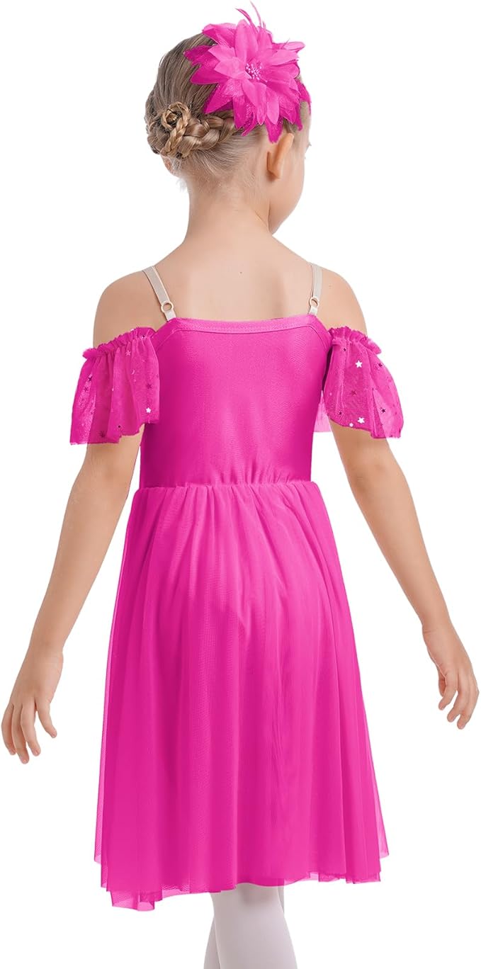 Girl's Glittering Hot Pink Tulle Dance Leotard Dress