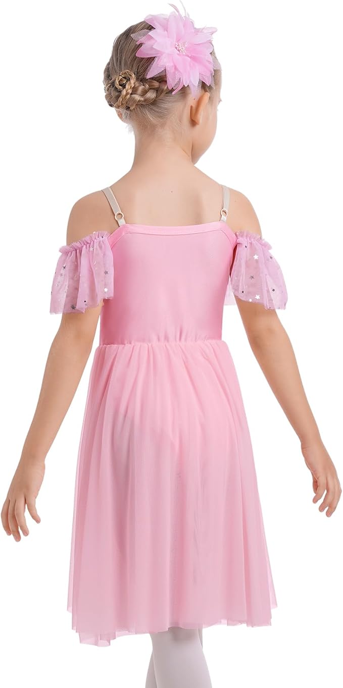 Girl's Glittering Hot Pink Tulle Dance Leotard Dress