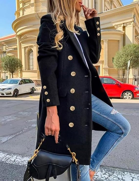 Chic Trench Style Black Double Breasted Peacoat