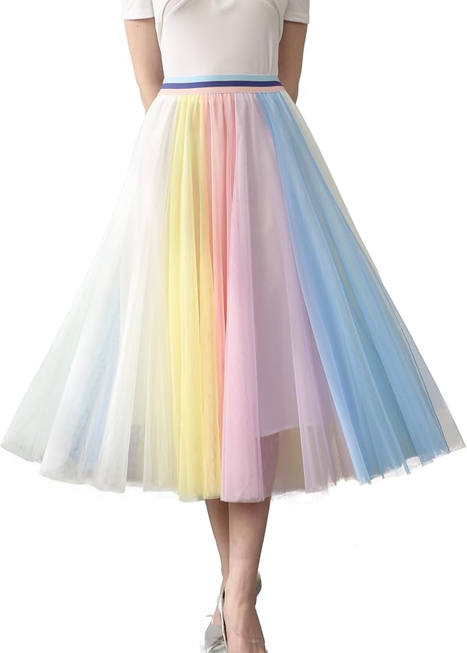 Elegant Light Rainbow Tulle Stretch Midi Skirt