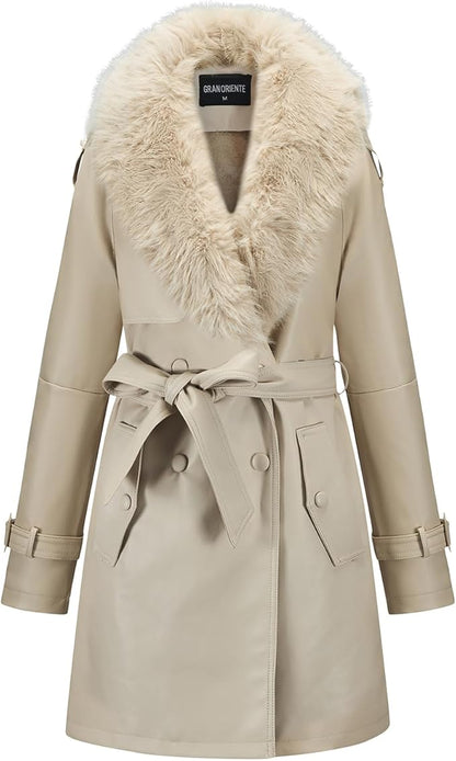 Faux Fur White Leather Trench Coat