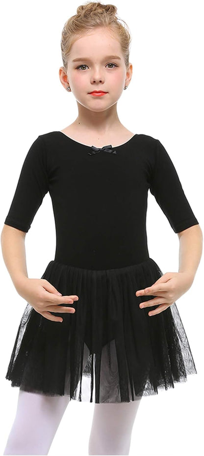 Girl's Puff Clear Sleeve Black Leotard Dress