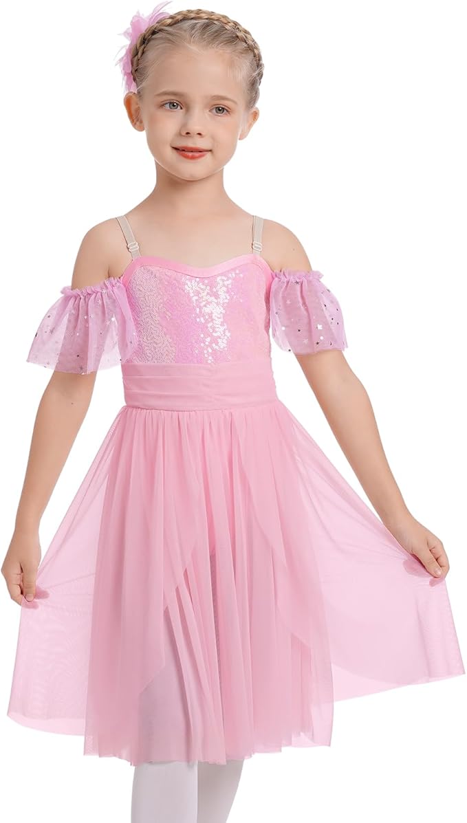 Girl's Glittering Hot Pink Tulle Dance Leotard Dress