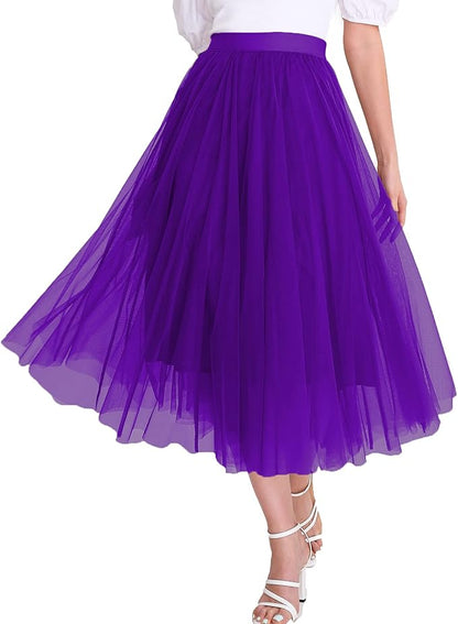 Elegant Light Rainbow Tulle Stretch Midi Skirt