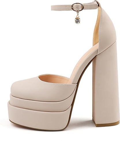 Platform Double Layered Nude Ankle Strap Block Heels