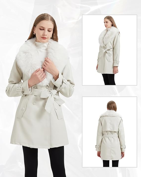 Faux Fur White Leather Trench Coat