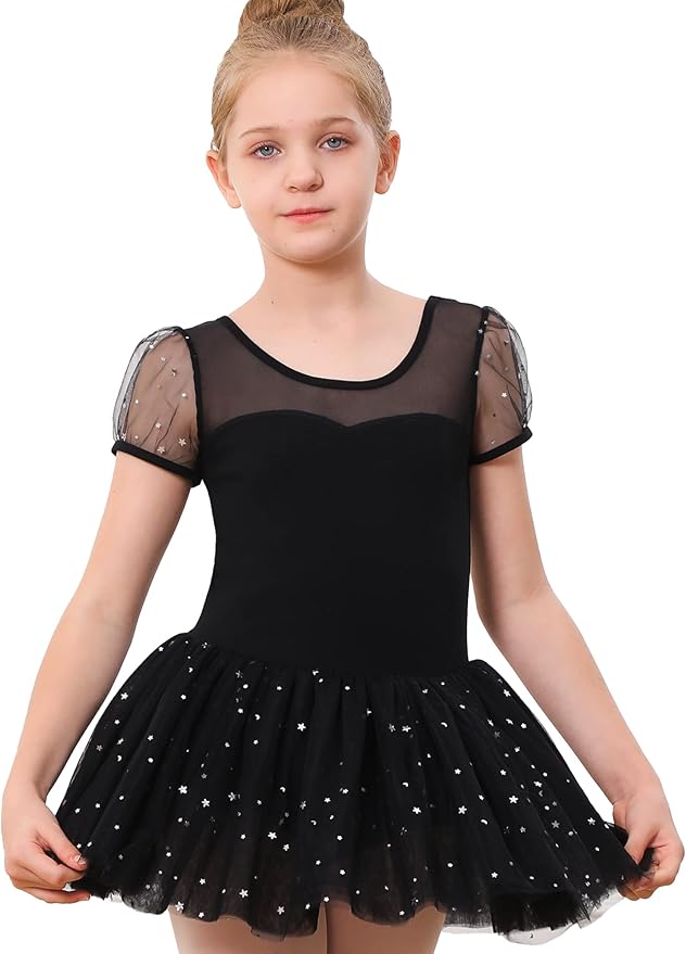 Girl's Puff Clear Sleeve Black Leotard Dress