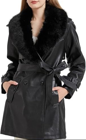 Faux Fur Black Leather Trench Coat