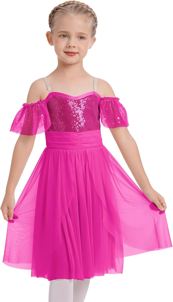 Girl's Glittering Hot Pink Tulle Dance Leotard Dress