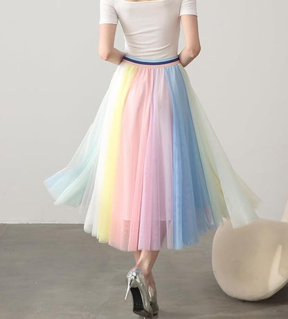 Elegant Light Rainbow Tulle Stretch Midi Skirt