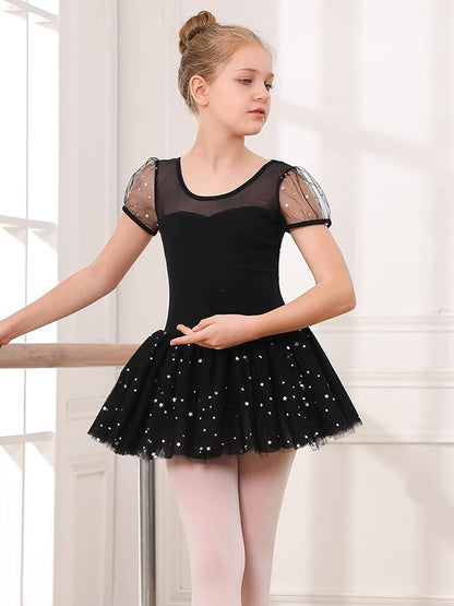 Girl's Puff Clear Sleeve Black Leotard Dress