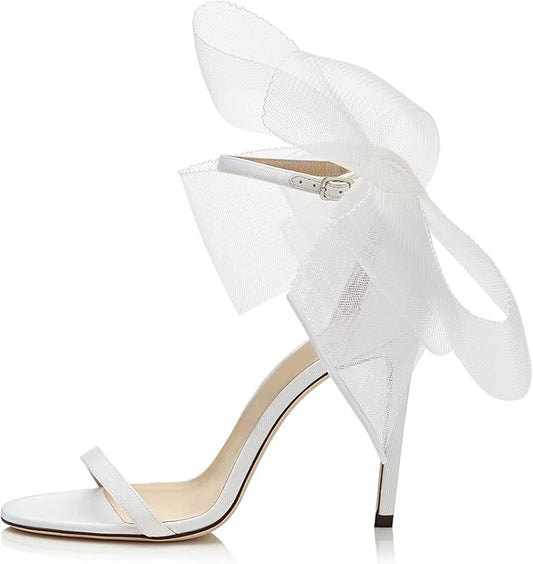 Bow Mesh Stiletto White Ankle Strap Heels