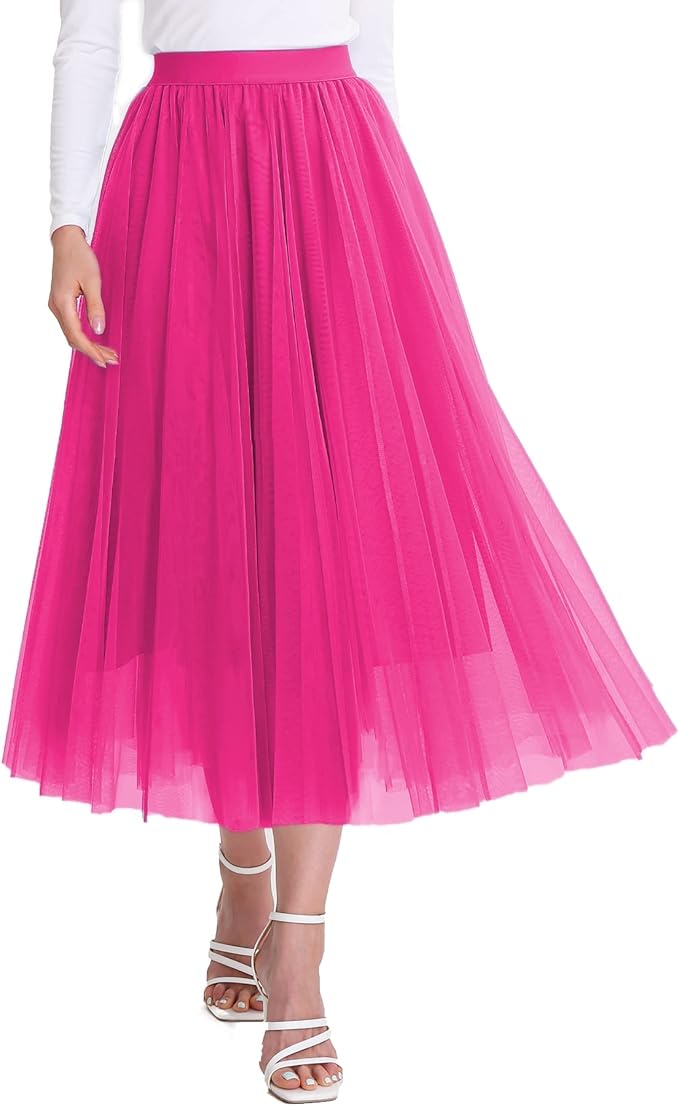 Elegant Light Rainbow Tulle Stretch Midi Skirt