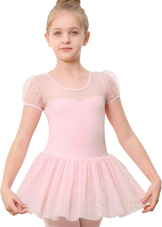 Girl's Puff Clear Sleeve Black Leotard Dress