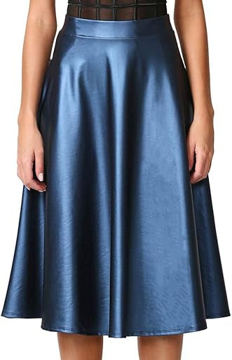 Metallic Navy Blue Faux Leather Midi Skirt