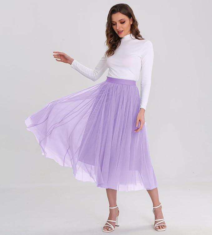 Elegant Light Rainbow Tulle Stretch Midi Skirt