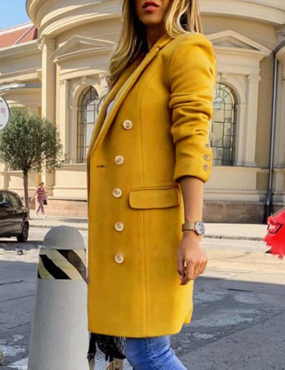 Chic Trench Style Yellow Double Breasted Peacoat