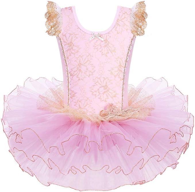 Girl's Ruffled Tulle Gold Pink Leotard Dress