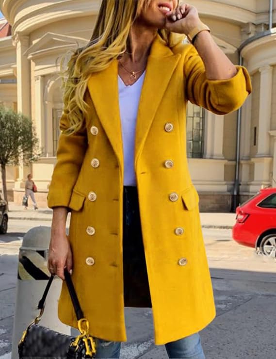 Chic Trench Style Yellow Double Breasted Peacoat