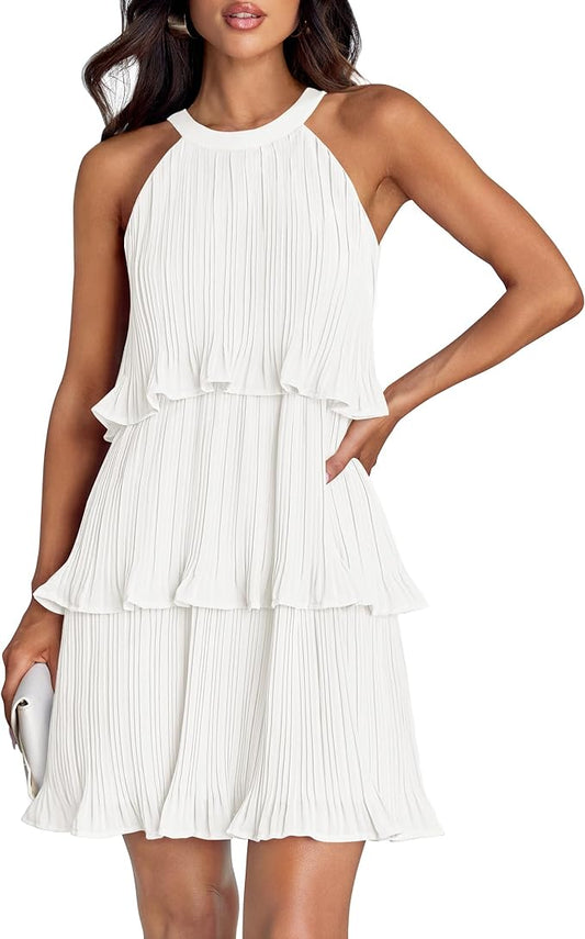 Ruffle Pleated Sleeveless White Mini Dress