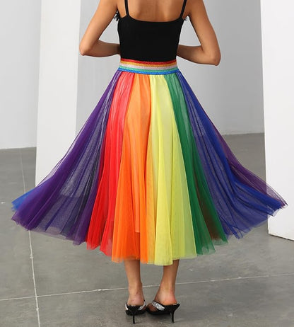 Elegant Light Rainbow Tulle Stretch Midi Skirt