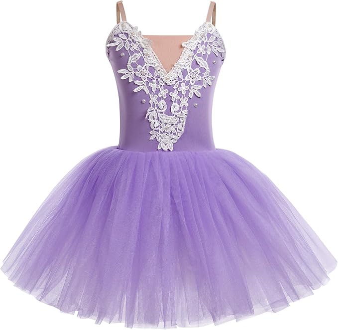 Girls Embroidered Tulle Lace Purple Leotard Dress