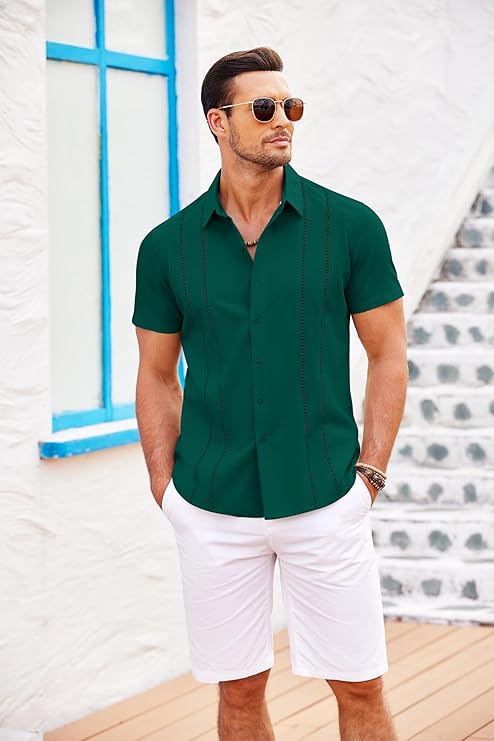 Men's Cuban Style Sage Button Down Short Sleeve Shirt