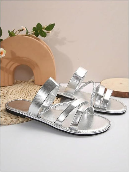 Silver Braided Strappy Flat Sandals