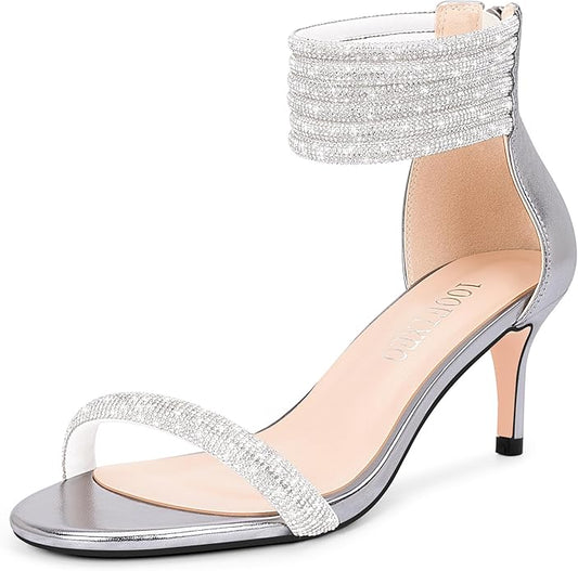 Rhinestone Studded Silver Ankle Strap Low Heels