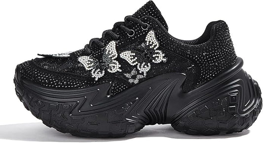 Black Rhinestone Butterfly Sparkle Platform Sneakers