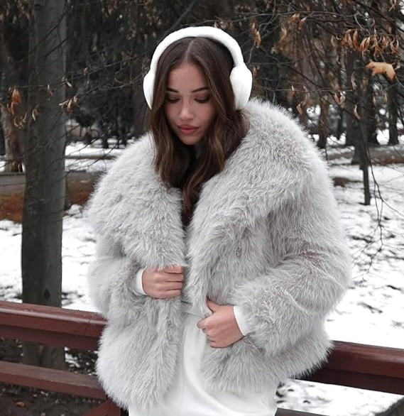 Elegant Faux Fur Light Grey Style Coat