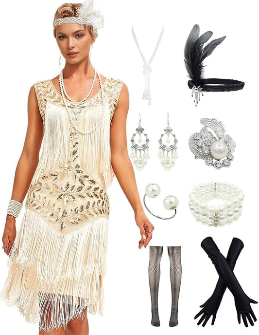 Gatsby Sequin Style Fringe Vintage Beige Dress