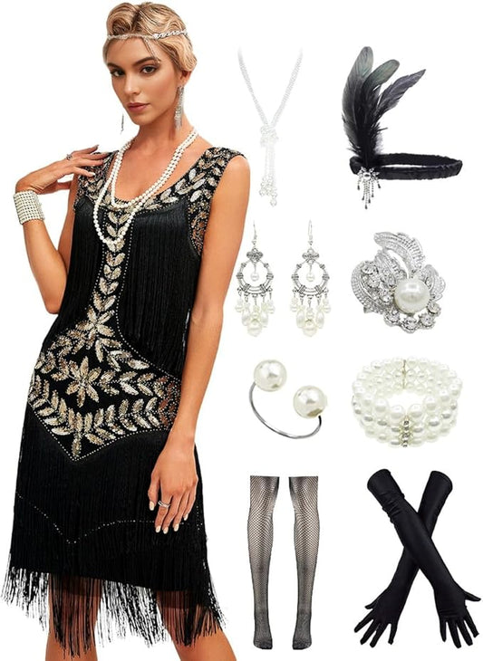 Gatsby Sequin Style Fringe Vintage Black-Gold Dress