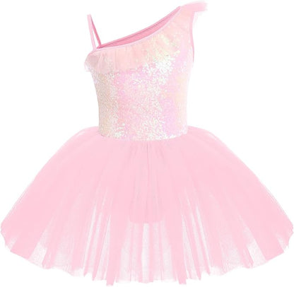 Girl's One Shoulder Pink Tulle Leotard Dress